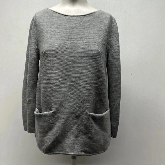Cos Sweater Long Sleeve Top Blouse Pure Wool Boat Neck Knit Pockets Gray Small - Picture 1 of 9